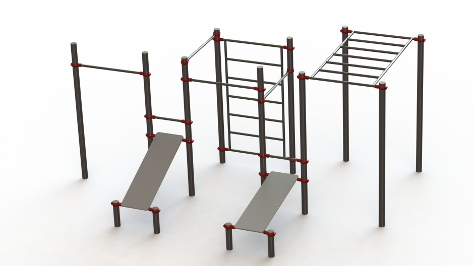 Conjunto de elementos de ejercicio físico para la práctica de la calistenia compuesto por:pared sueca, conjunto de barras dominadas, escalada horizontal y dos bancos de abdominales a diferentes alturas.