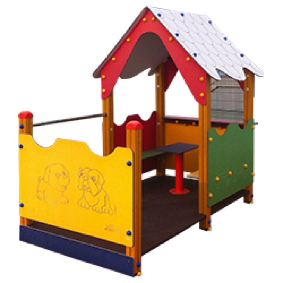 Casita infantil de juegos con una torre, terraza, mostrador, mesa y asientos.