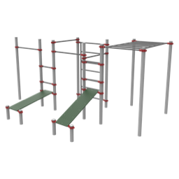 Combinado street workout compuesto por cuatro barras de dominadas, dos mesas de abdominales, espaldera vertical y espaldera horizontal.