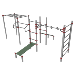 Combinado street workout compuesto por dos barras de dominas, dos mesas de abdominales, espaldera vertical, espaldera horizontal, barras de flexiones y mokey bar.